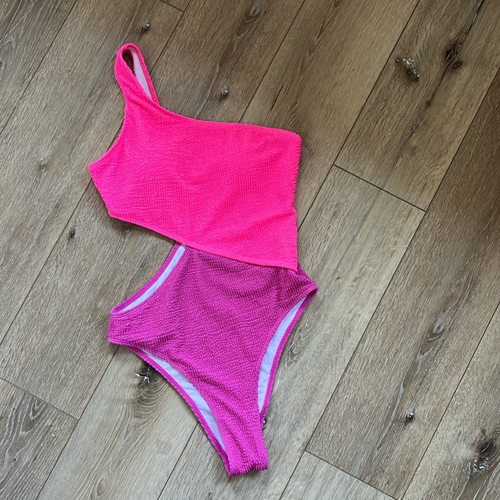 Pink One Shoulder One Piece Swim Suit M